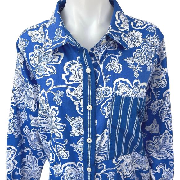 Foxcroft Marina Blue White Floral Long Sleeve Button Down Pocket Shirt Top Sz 2X - Picture 3 of 4